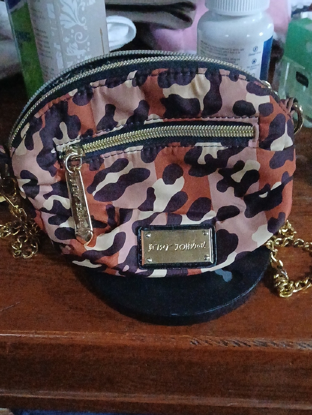 Betsey Johnson Pink and Brown Leopard Print Crossbody with Gold Chain